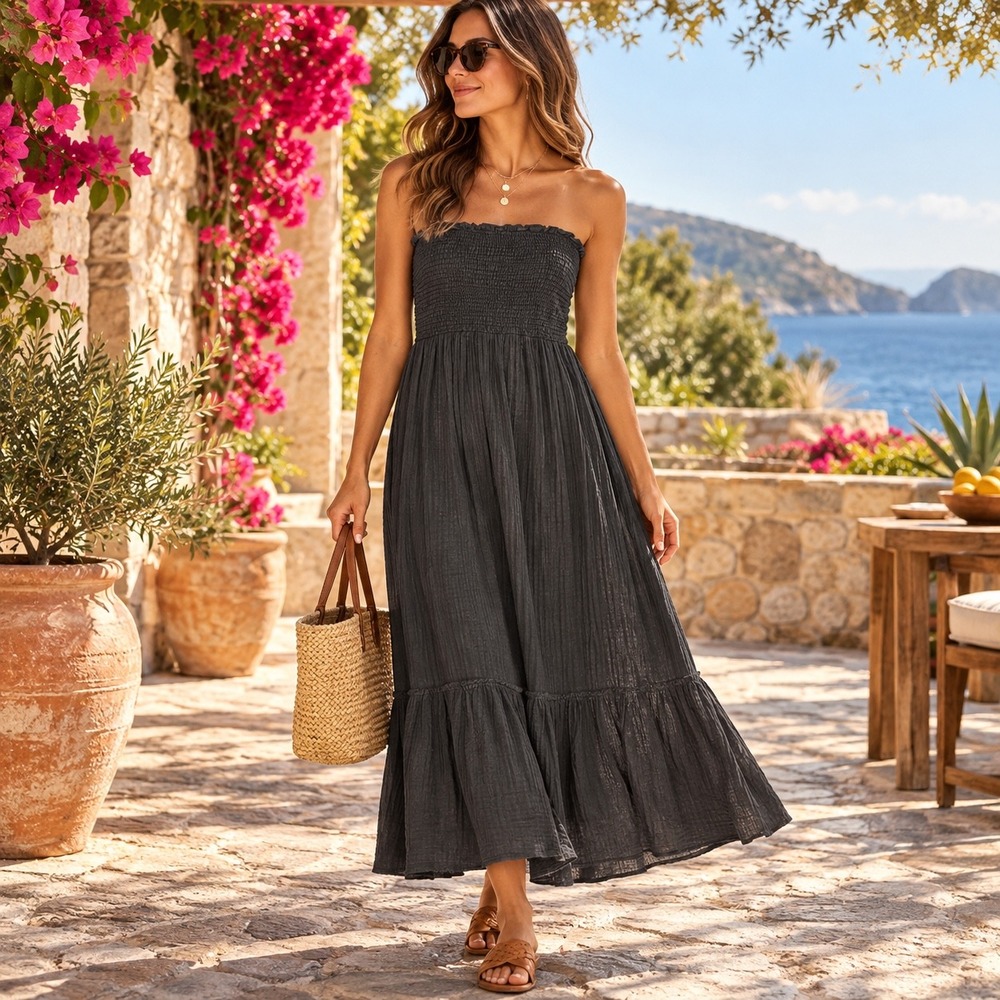Anthropologie Strapless Smocked Gauze Maxi Dress Black 1X Boho Resort Coastal
